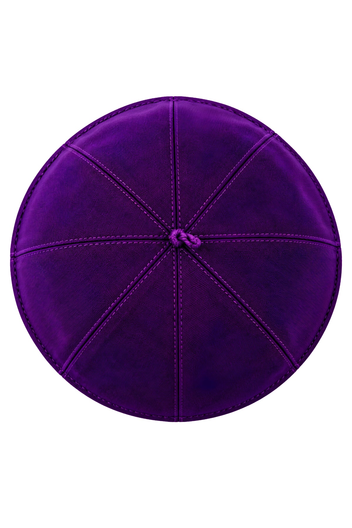Top view of a Roman purple clergy zucchetto cap showing eight stitched fabric panels meeting at the center crown loop.
