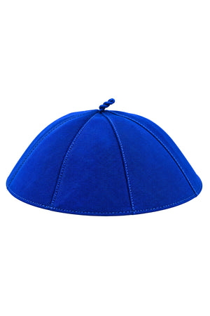 Royal blue eight-panel clergy zucchetto skullcap with stitched panel seams and a small crown loop, displayed on a white background.
