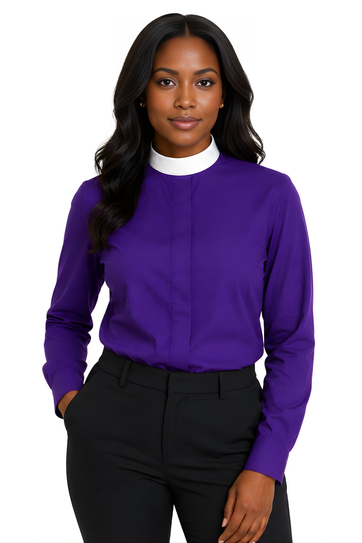 Woman wearing a purple long-sleeve clergy shirt with structured white neckband collar and concealed front closure