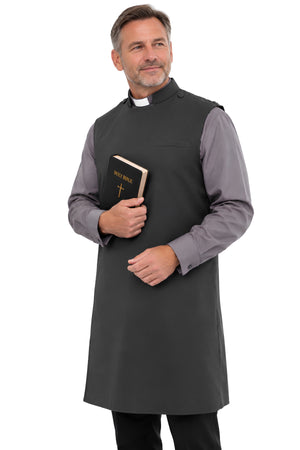 Front view of a black clerical apron for men with Anglican snap closure, shoulder buttons, and 3/4-length full-cut design