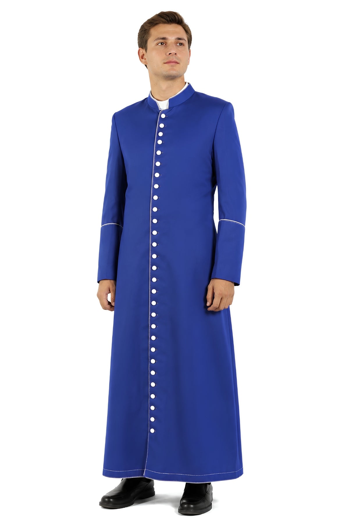 Royal blue cassock for men with white button-front closure and white piping, front view