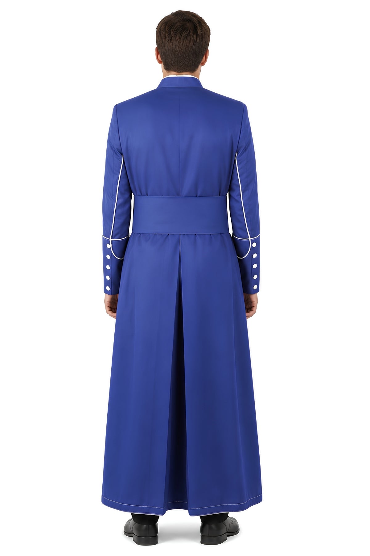 Back view of royal blue cassock for men showing white piping, back pleat, and white cuff buttons