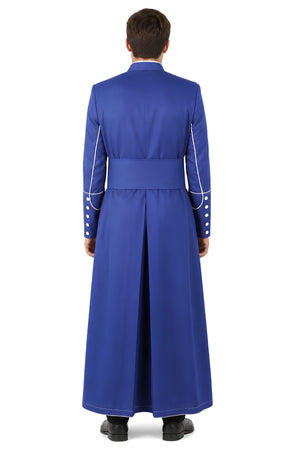 Back view of royal blue cassock for men showing white piping, back pleat, and white cuff buttons