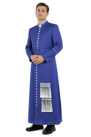 Side view of royal blue cassock for men with white piping and white fringed cincture sash