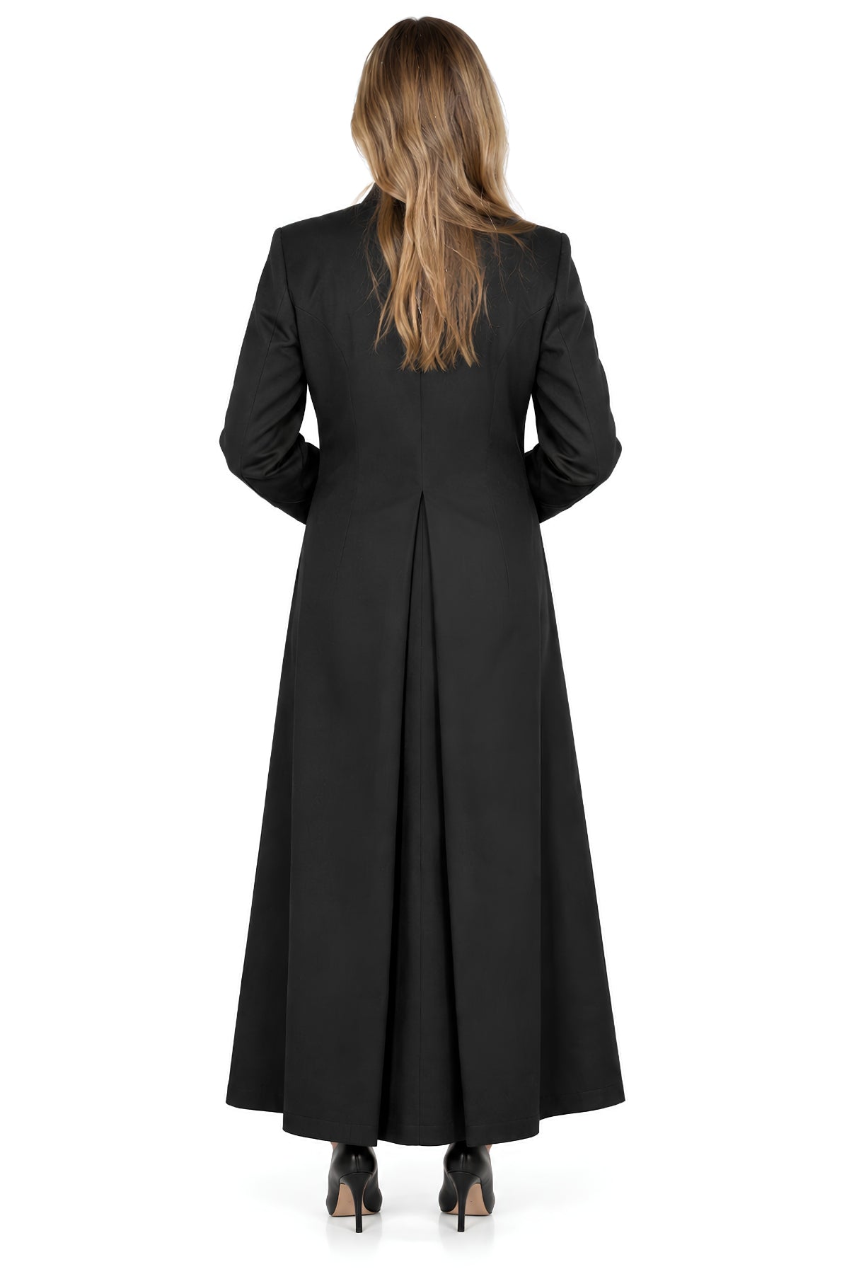 Back view of a women’s black clergy cassock with long sleeves and full-length pleated skirt